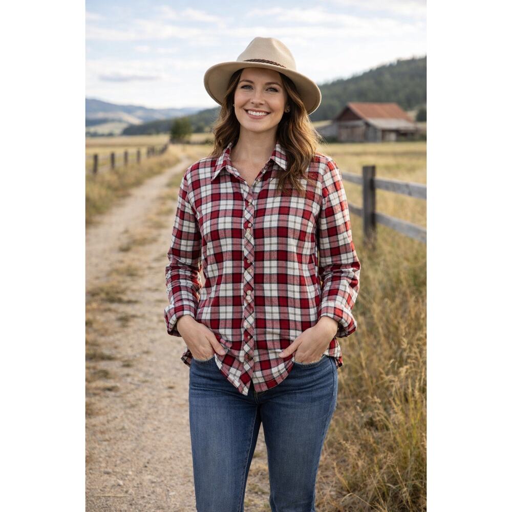 Talbots Plaid Flannel Top Womens Size 3XP Petite Button Up Red Ivory Casual